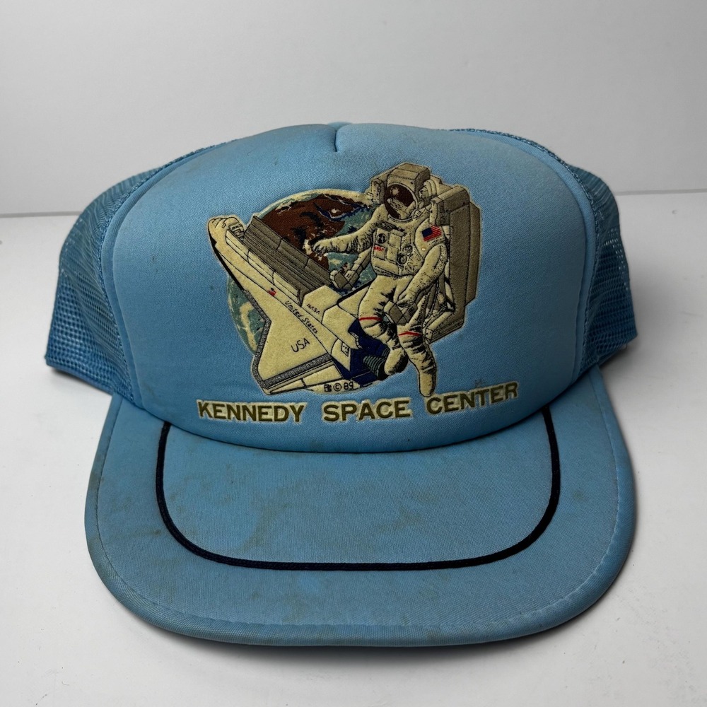 Vintage Kennedy Space Centre 1980s Trucker Hat Mesh Snapback Blue Astronaut
